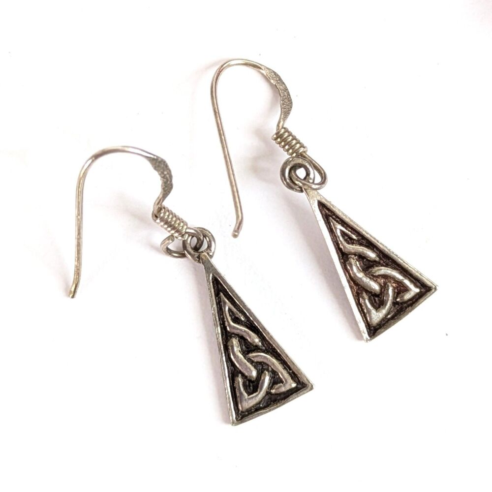 Sterling Silver 925 Celtic Trinity Knot Triangle Dangle Earrings Ireland
